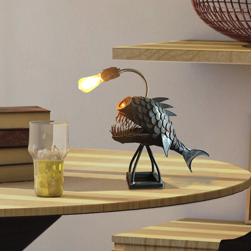 Angler Fish Lamp Floor-Standing Retro Art Table Lamp With USB Interface Fishing Night Lights Table Lamps Handmade Unique LED