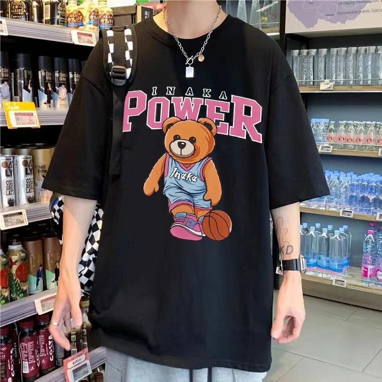 Inaka Power تي شيرت مضحك الوردي لكرة السلة الدب نمط قميص مطبوع الصيف الرجال النساء قسط القطن الخالص تيز المتضخم تي شيرت