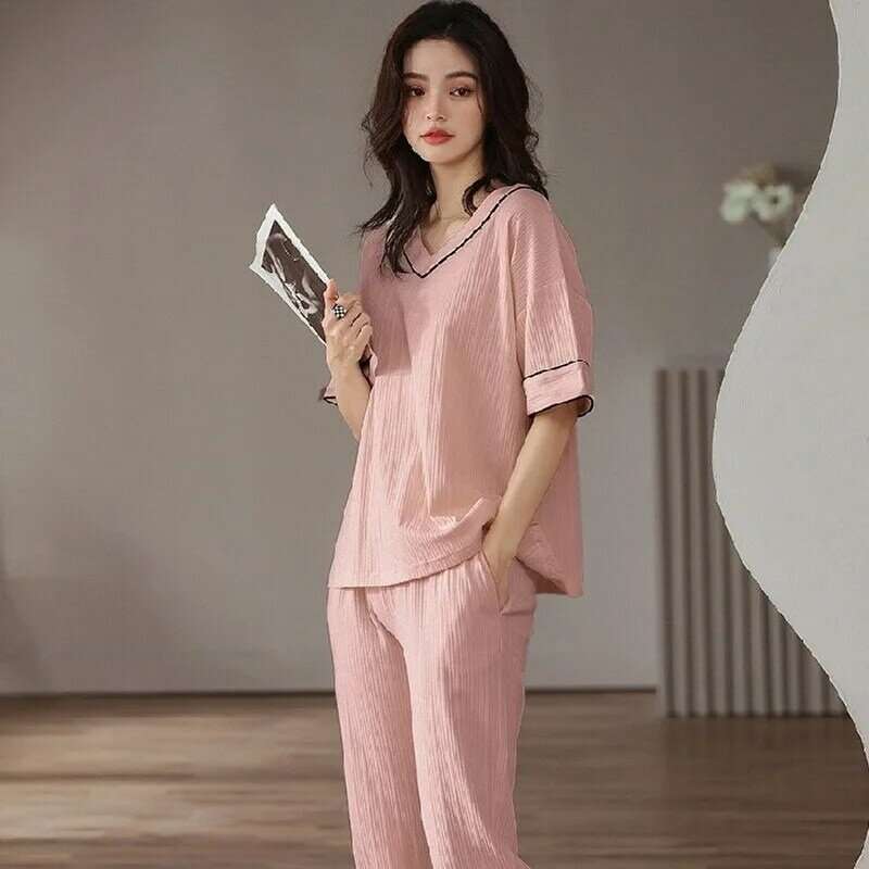 Set Woman 2 Pieces Combed Cotton Short Sleeve Trousers Pijama Loose Loungewear Summer Sleepwear Solid Color Women Pajamas  2-Pjs