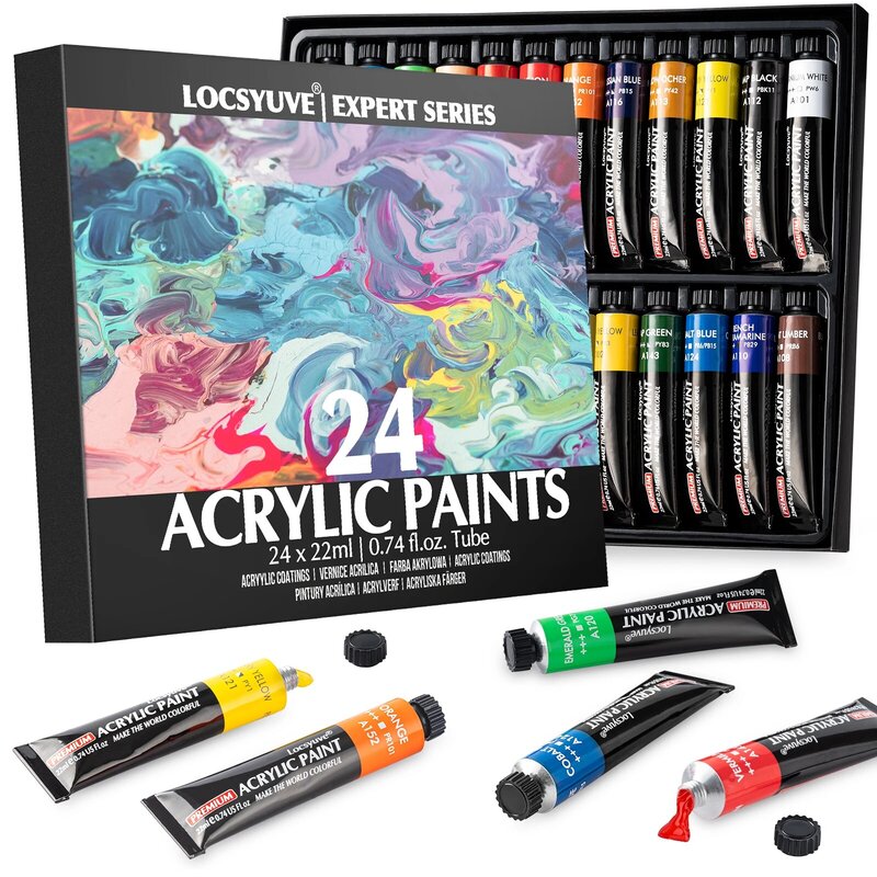 Locsyuve Acrylic Paint 24 Colors 22ml Tube Acrylic Paint Set, Paint for Fabric, Clothing, Painting, Rich Pigments for Artists