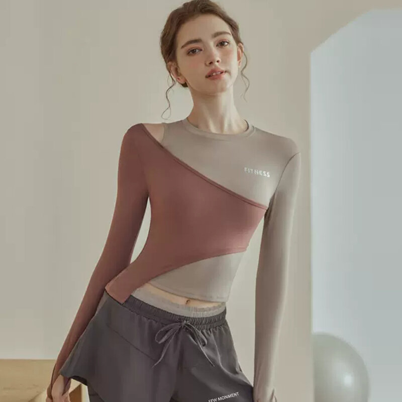 F.DYRAA المرأة المرقعة اللون قمصان رياضية وهمية قطعتين قبالة الكتف اليوغا قمصان غير النظامية هيم القمم اللياقة البدنية ملابس رياضية