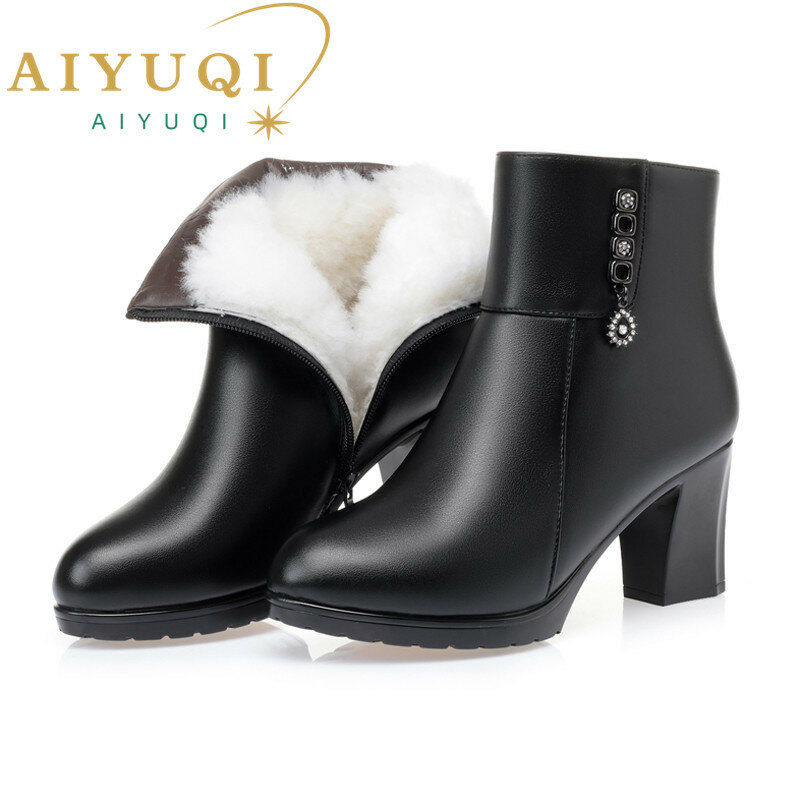 AIYUQI الأحذية النسائية الشتاء الدافئة الصوف الطبيعي أحذية الموضة السيدات عالية الكعب الجانب سستة الإناث الكاحل الأحذية