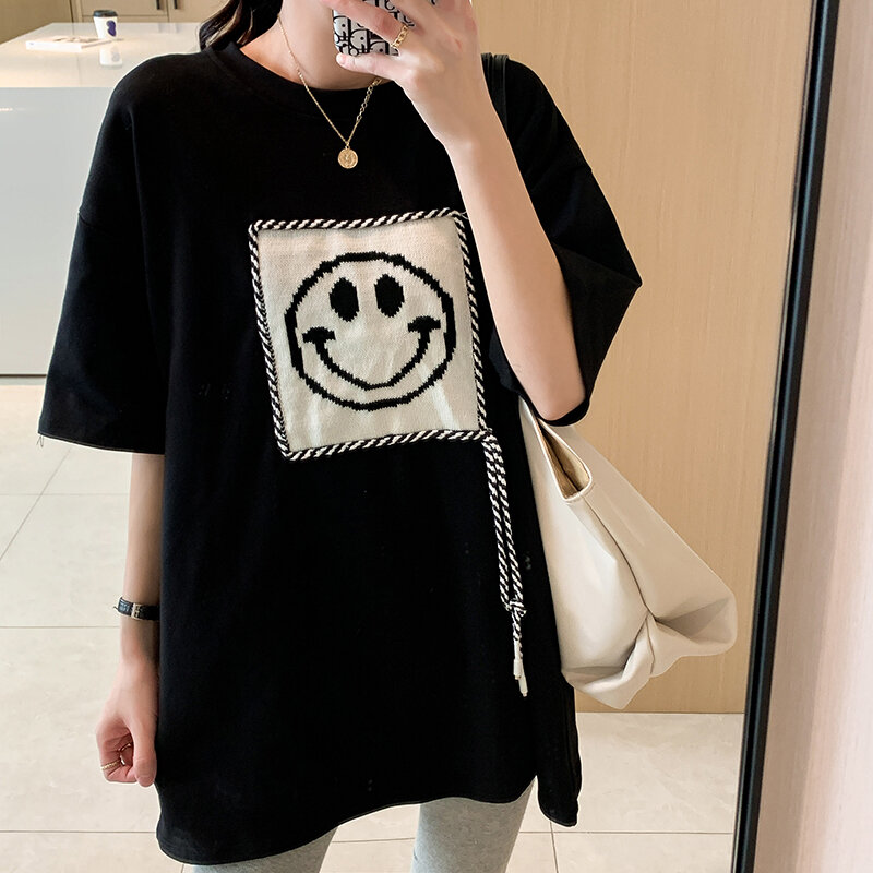 قمصان أنيقة امرأة الصيف 2022 القطن مبتسم طباعة التعادل فضفاض قصيرة الأكمام عادية تنفس القمم للفتيات Harajuku الملابس