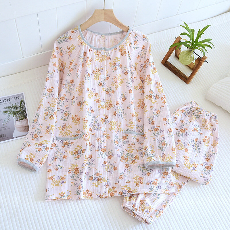 Pure Cotton Pajamas Women's Spring and Summer Forest Floral Fresh Sleepwear Round Neck Double-layer Gauze Japanese Homewear Suit #3
