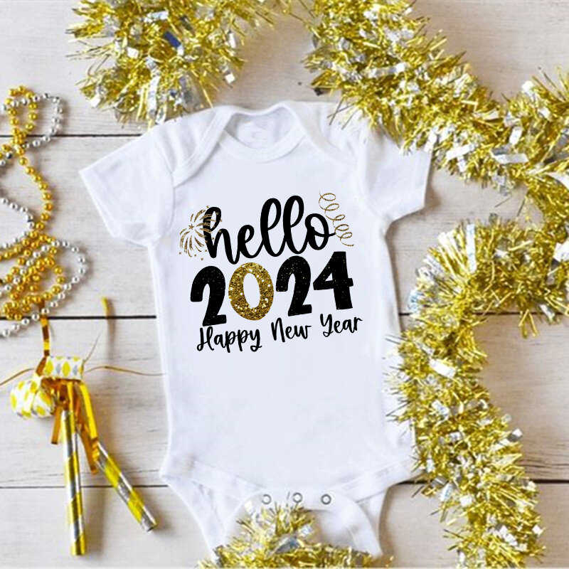 بدلة قطعة واحدة للأطفال من Hello 2024 رومبير للأطفال الرضع هدية السنة الجديدة بدلة قصيرة الأكمام للأطفال الأولاد ملابس للبنات حديثي الولادة هدية للاستحمام