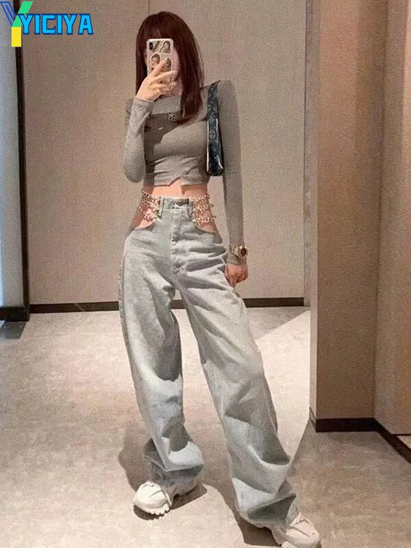 YICIYA PANTS JEAN WAIST Wide Leg Mopping Trousers Chain Hollow Y2k Jeans Cargo Pants FASHION WOMAN PANT CASUAL  2022 Summer Met