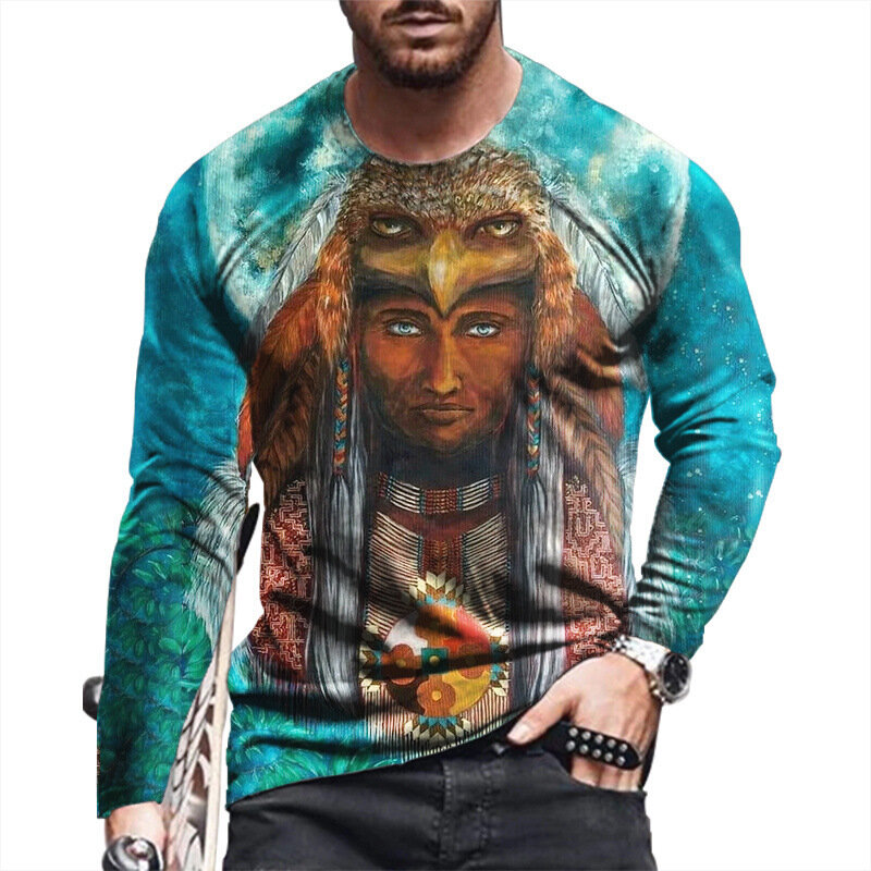 Long Sleeve Casual T-Shirts Men Abstract Lndian Face Print T-Shirts 2022 New Oversized 6XL Autumn Fashion Street Hip Hop Tops