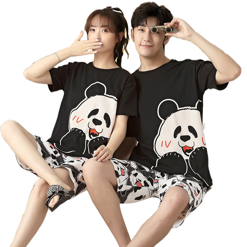 5XL الكرتون الباندا زوجين منامة مجموعات النساء بيجامة القطن الكورية الرجال ملابس خاصة قصيرة الأكمام عشاق ليلة الملابس 2 قطعة ملابس النوم