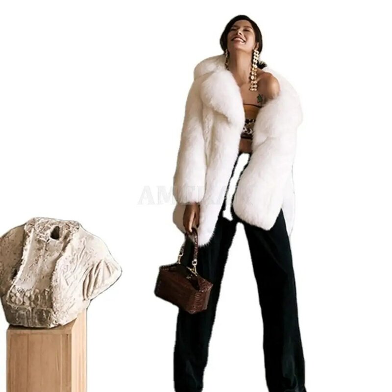 منتصف طول السيدات دعوى كبيرة طوق جلد كامل الثعلب الفراء معطف ريال فوكس الفراء عالية الجودة معطف الفرو الكامل سترة سميكة للنساء