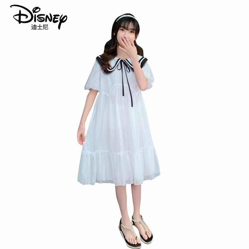 Disney Girls Dress Summer New Middle-aged Children's Fashion Western-style Girls College Style Short-sleeved Princess Dress Tide