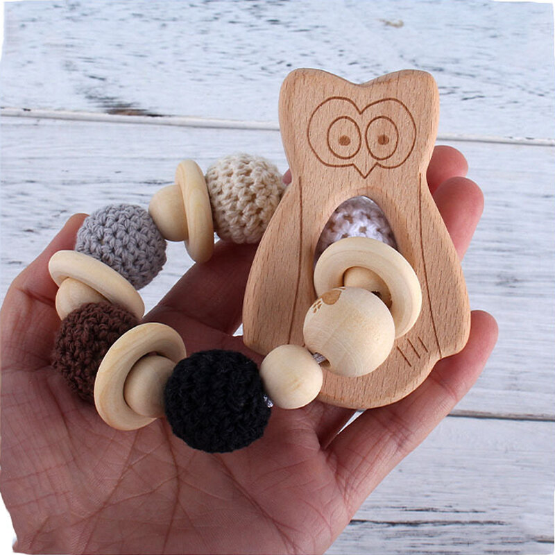 Baby Teether Wooden Rattle Cartoon Animals Beads Ring Bracelet Kids Teething Toys Rattles Baby Accessories Toys Wood Teether