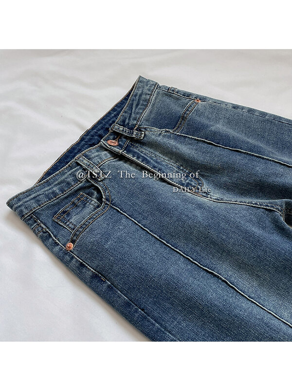 بنطلون جينز أزرق مستقيم للسيدات بخصر عتيق من Koread ملابس الشارع الشهير بنطلون دنيم أنيق غير رسمي للسيدات 2023 #5
