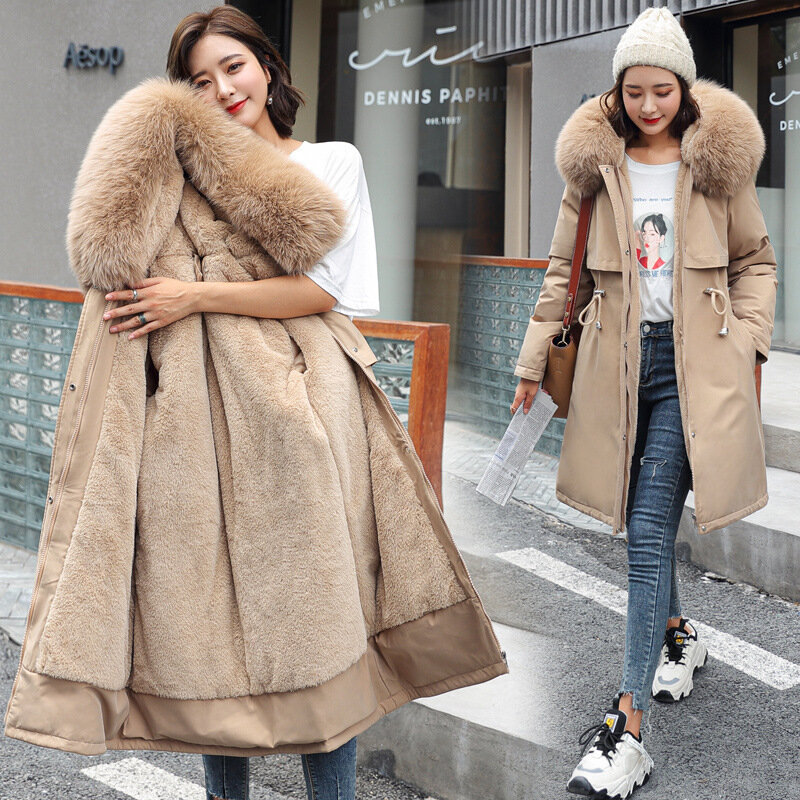 شتاء جديد القطن معطف المرأة النسخة الكورية منتصف طول كبير الفراء طوق زائد بطانة مخملية فطيرة للتغلب على القطن سترة معطف #3