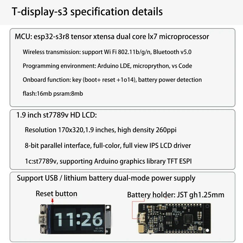 Lilygo T-Display-S3 مجلس التنمية اللاسلكية واي فاي Bluetooth-Compatible5.0 وحدة 1.9 بوصة شاشة LCD IPS