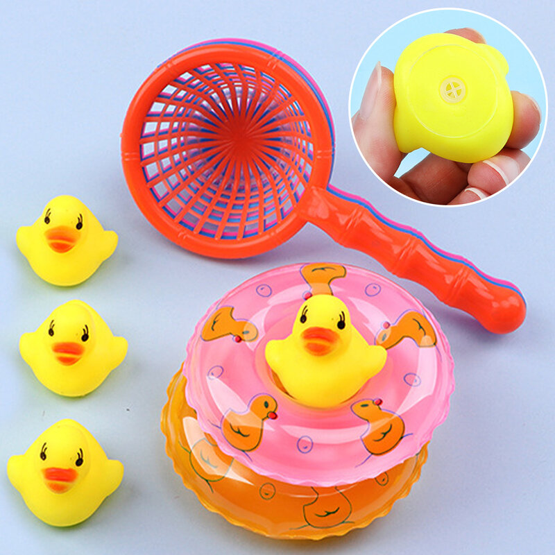 5Pcs/Set Kids Floating Bath Toys Mini Swimming Rings Rubber Yellow Ducks Fishing Net Washing Swimming Toddler Toys Water Fun
