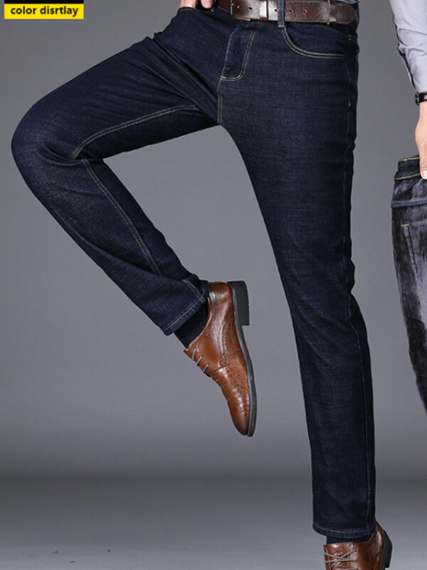 الرجال الكلاسيكية استرخاء صالح فليكس جينز 2021 أربعة مواسم عالية الخصر الأعمال عادية الأسود الأزرق سراويل جينز الرجال الملابس الجينز