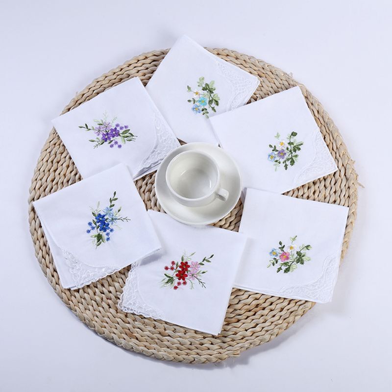 5Pcs Womens Cotton Handkerchiefs Floral Embroidered Butterfly Lace Pocket Hanky