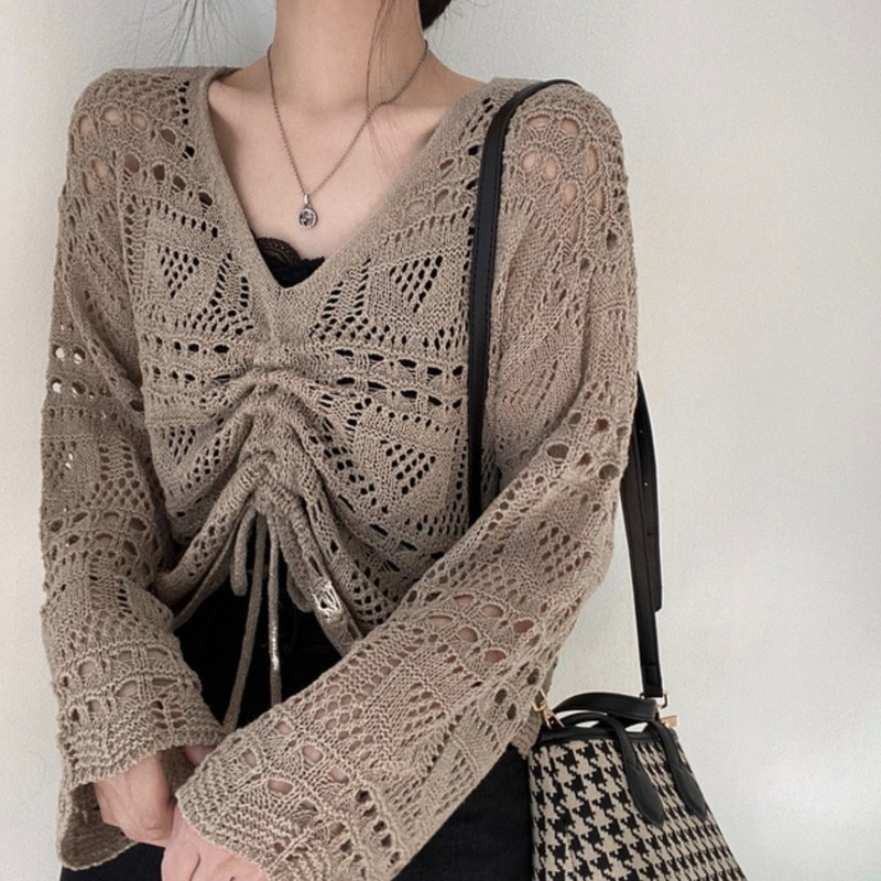Knitted Hollow Out Pullovers for Women Summer Thin Vintage Retro Drawstring Design Streetwear Korean Style V-neck Sexy Club New