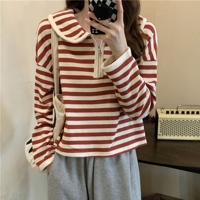 Black and White Stripes Female Sweatshirt Kawaii Peter Pan Collar Zipper Pullovers Autumn Woman Clothes Chic Long Sleeve Top