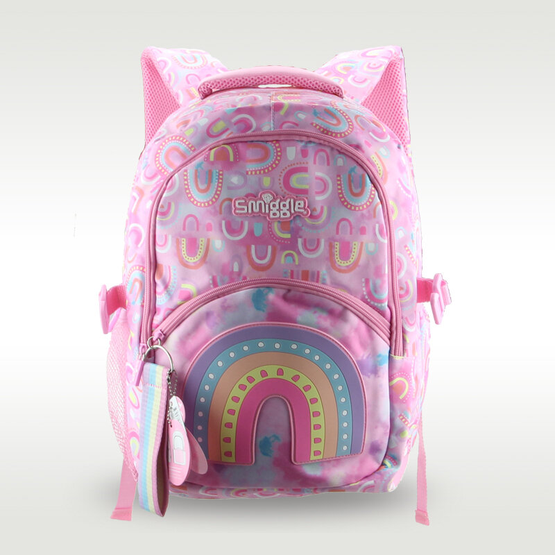 حقيبة مدرسية أسترالية أصلية Smiggle للأطفال حقيبة ظهر مدرسية ابتدائية للبنات باللون الوردي بألوان قوس قزح النسخة الكورية من 7 إلى 12 سنة 16 بوصة