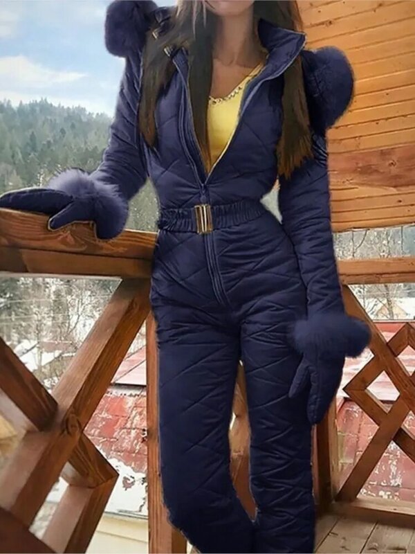 المرأة بذلة بدلة تزلج قفازات الشتاء موضة عادية مقنع الفراء طوق Skisuit في الهواء الطلق سميكة سحاب عازل للماء ارتداءها 2022 Y2k