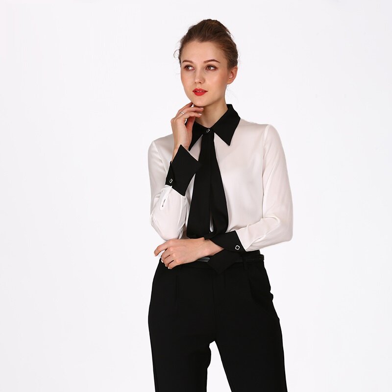 Ladies Mulberry Silk Bow Tie Blouses Office Solid Temperament Korean Tops Spring Summer Long Sleeve Elegant Slim Joker Shirt