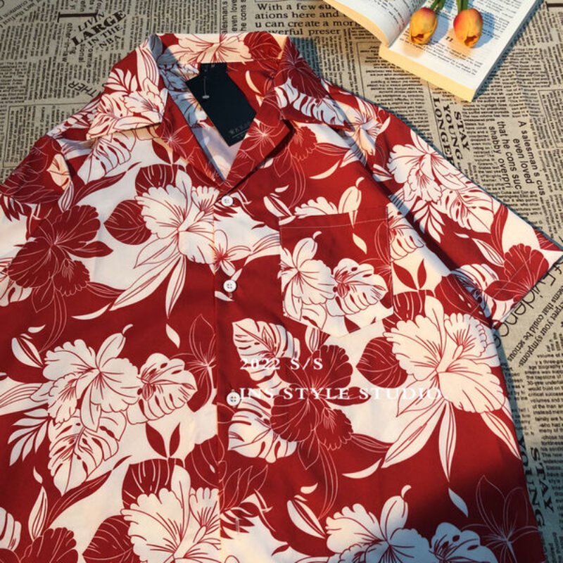 هونغ كونغ نمط ريترو خمر قميص مطبوع قصير الأكمام التايلاندية هاواي نمط تصميم وسيم فضفاض قميص للرجال والنساء