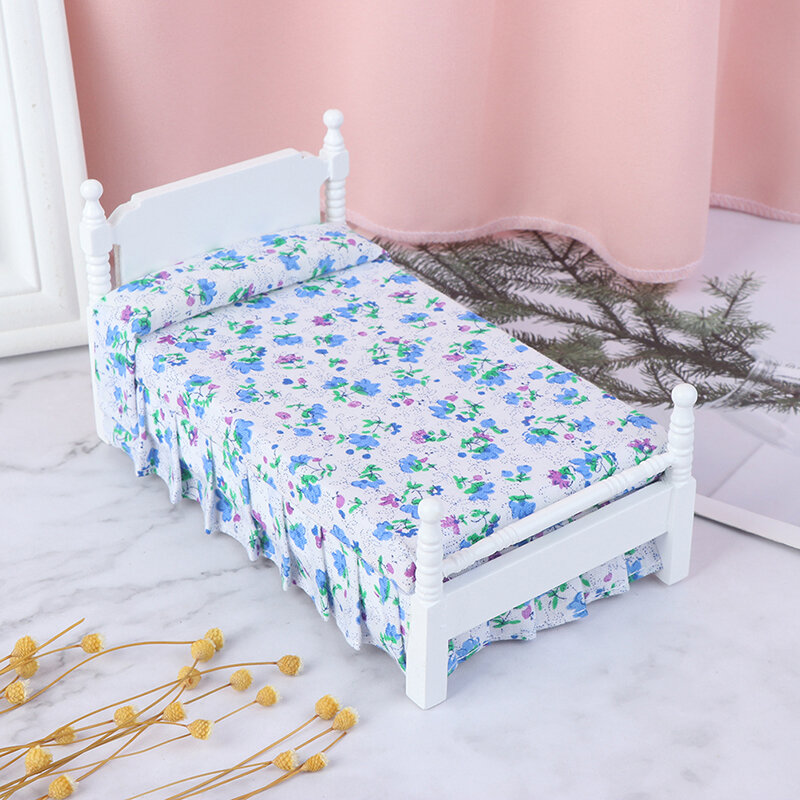 1Pc 1:12 Dollhouse Bedroom Furniture Blue Color Toy For children Doll Pretend Play Toy Mini Bed With Pillow for Girls Dolls
