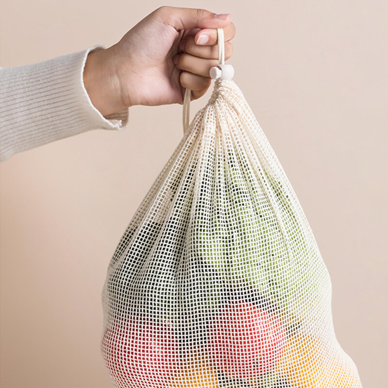 القطن شبكة أكياس الخضروات إنتاج حقيبة قابلة لإعادة الاستخدام القطن شبكة الخضار حقيبة التخزين المطبخ الفاكهة الخضار مع الرباط #4