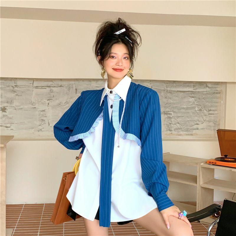 QWEEK المرأة بلوزة Kawaii Harajuku قميص لوليتا نمط وهمية قطعتين أعلى الإناث الأزرق شريط المتضخم طويلة الأكمام أنيقة Kpop