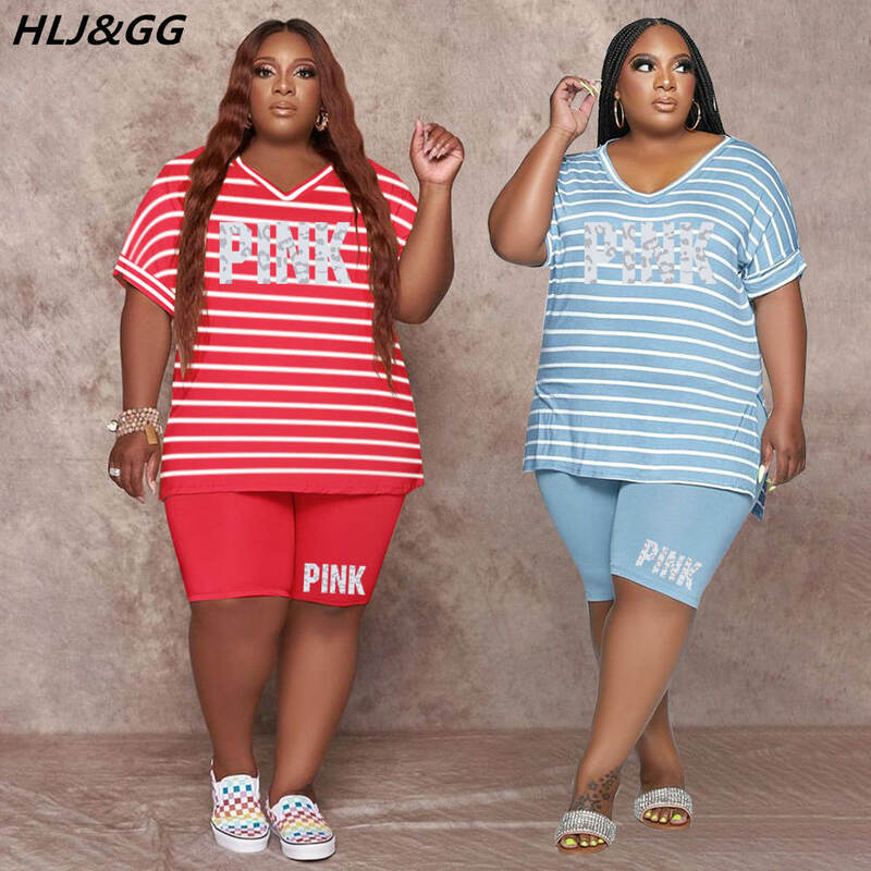 HLJ & GG عادية مخطط فضفاض حجم كبير قطعتين مجموعات المرأة الوردي إلكتروني طباعة الخامس الرقبة التي شيرت + شورت موضة 2 قطعة ملابس الشارع الشهير 2022