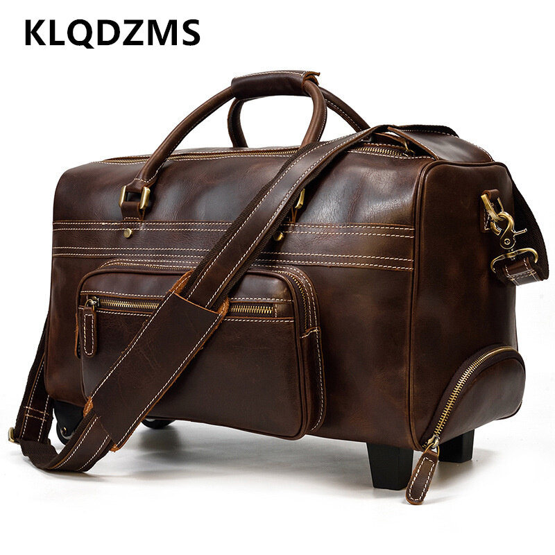 KLQDZMS  22" Inch Men's Leather High-quality Trolley Bags Retro Cowhide Suitcase Large Capacity Luggage Business Roller Handbag