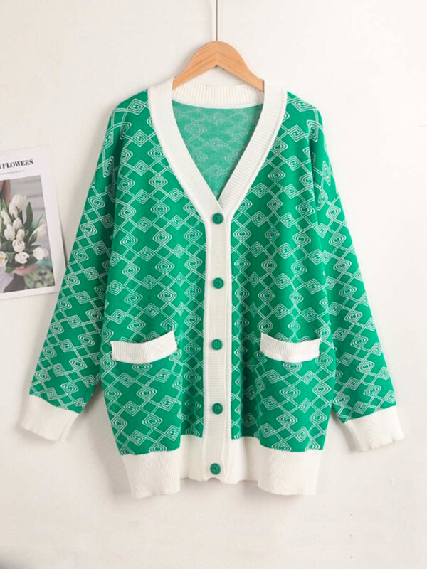 Cardigans 2022 for Women Loose Knitted Buttons V-Neck Long Cardigan Women Fashion Pocket Thick Warm Top Long Sleeve Green Jacket