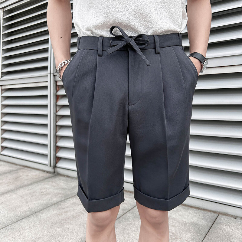 2022 صيف جديد مرونة الخصر الركبة طول الأعمال ملابس رسمية مستقيم السراويل الرجال الملابس بسيطة سليم صالح عادية قصيرة أوم #1
