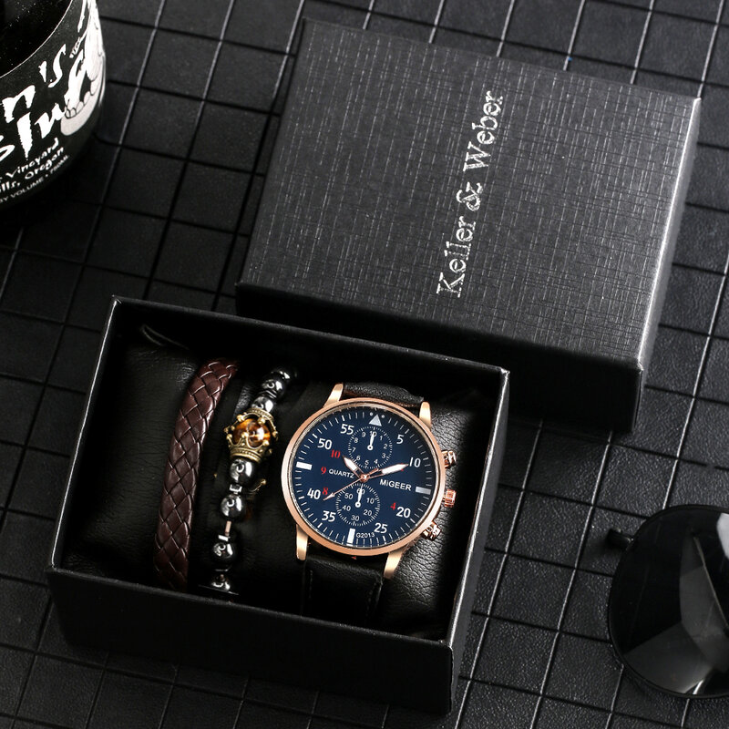 جديد 3 قطعة ساعة رجالي مجموعة شخصية سوار خمر الأزرق الطلب الكبير الترفيه كوارتز ساعة اليد هدية عيد ميلاد صندوق للزوج #5