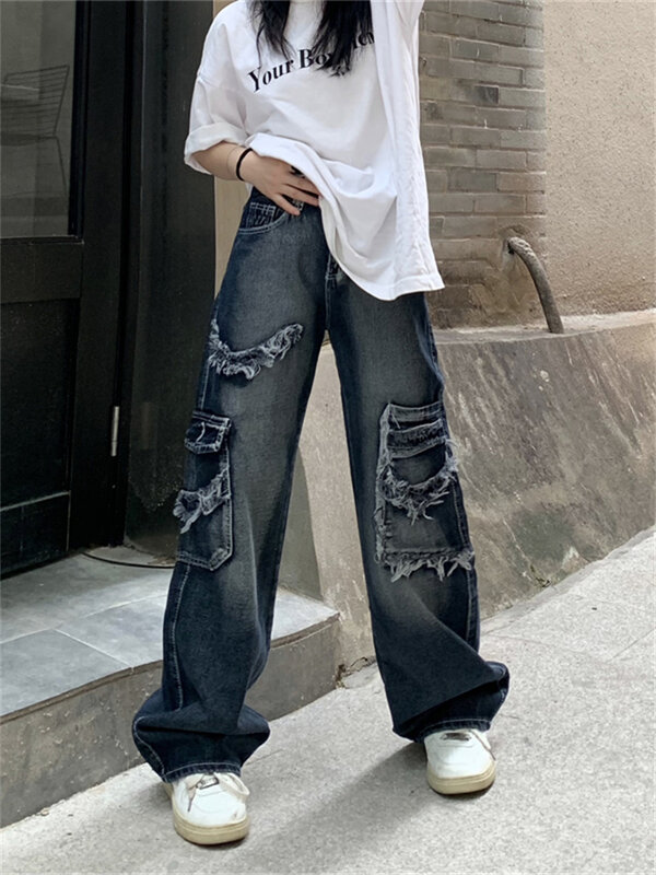 Washed Old Vintage Loose Blue Jeans Women's Summer Street Straight High Waist Wide Leg Burrs Denim Pants Female Trousers