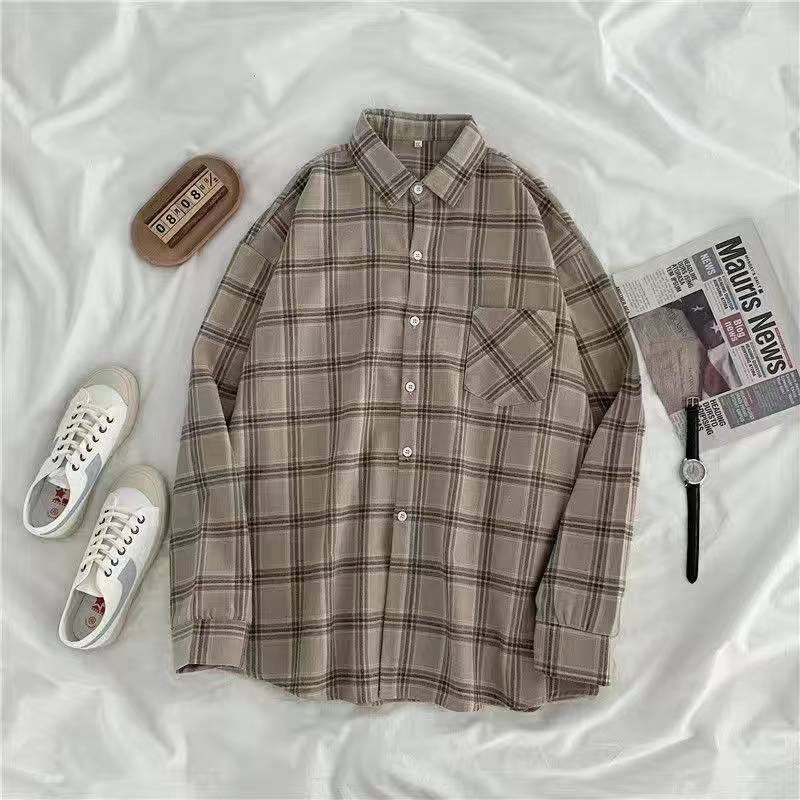 Vintage Women Plaid Shirts Loose Oversize Blouse Long Sleeve Button Up Fall Shirt Casual Pocket Female Tops Korean Outwear
