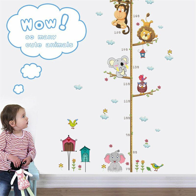 الكرتون الحيوانات الأسد قرد البومة الفيل الارتفاع قياس الجدار ملصق للأطفال غرف الحضانة غرفة ديكور النمو الرسم البياني ملصقات فنية