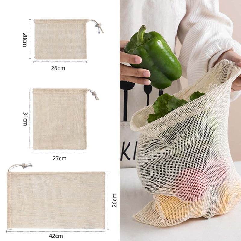 القطن شبكة أكياس الخضروات إنتاج حقيبة قابلة لإعادة الاستخدام القطن شبكة الخضار حقيبة التخزين المطبخ الفاكهة الخضار مع الرباط #1