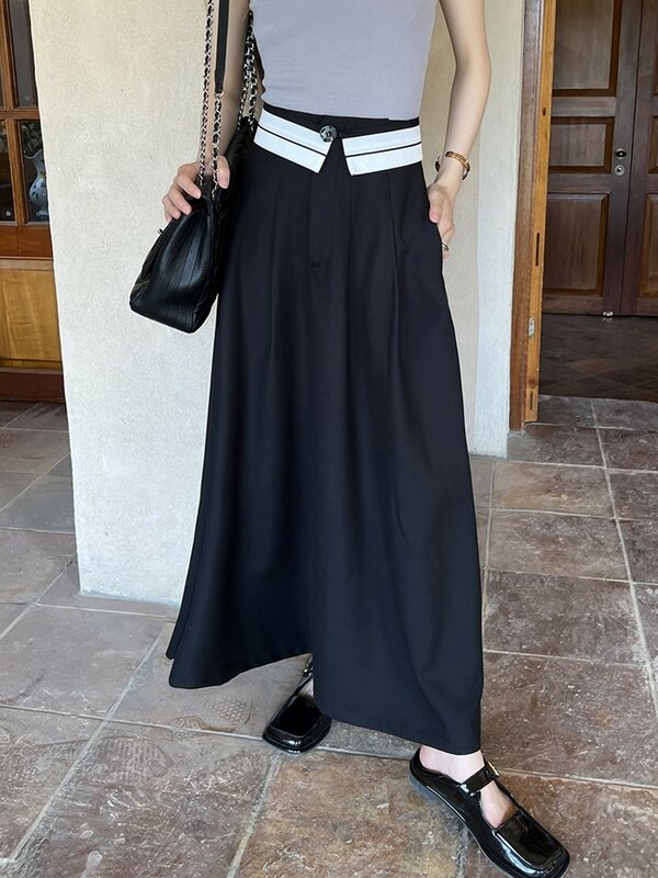 ZHISILAO جديد المرقعة عادية عالية الخصر ألف خط تنورة طويلة المرأة خمر مطوي تنورة ماكسي 2022 الكورية نمط #1