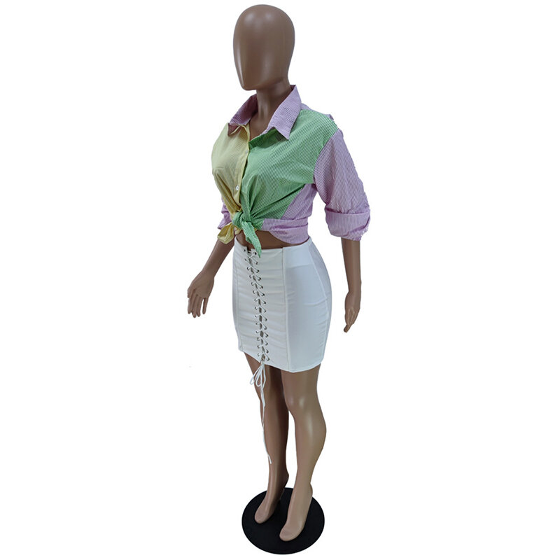 Women Skirt a Button Lace High Street  Drawstring Perforation High Waist Lace Up Mini Skirt Smmer 2021