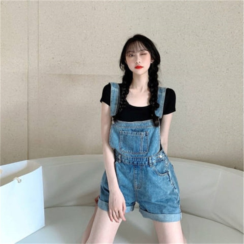 شورت جينز بذلة المرأة الكورية موضة وزرة فضفاضة عالية الخصر ملابس الصيف السروال القصير واسعة الساق مع جيوب Playsuit
