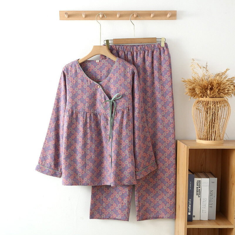 ملابس نوم قطنية 100% مطبوعة للسيدات طقم بيجامات نوم للخريف بأكمام طويلة ملابس داخلية نسائية هدية للسيدات