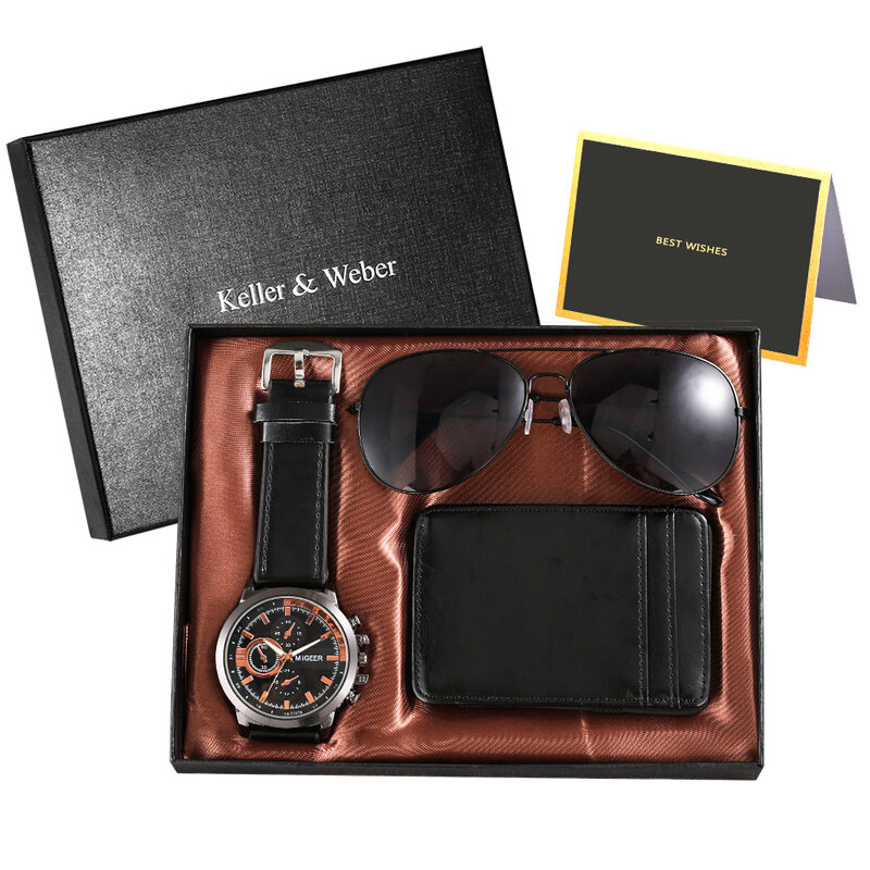عالية الجودة ساعة رجالي مجموعة خمر براون حزام من الجلد الأعمال المحفظة النظارات الشمسية موضة ساعات كوارتز هدية صندوق للزوج