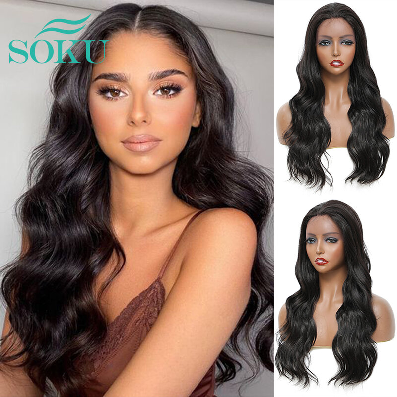 Long Body Wavy Synthetic Lace Wig With Baby Hair Black Wavy For Black Women Free Part Wig Daily Heat Resistant Fiber Hair SOKU #1