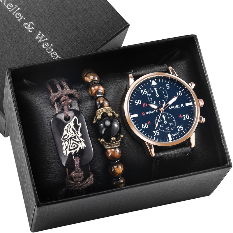جديد 3 قطعة ساعة رجالي مجموعة شخصية سوار خمر الأزرق الطلب الكبير الترفيه كوارتز ساعة اليد هدية عيد ميلاد صندوق للزوج #1