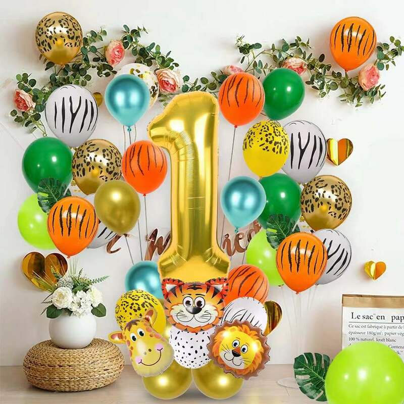 Jungle Safari Animal Number Balloons Tiger Lion Giraffe Wild Animals Balloons for Birthday Party Decorations Baby Shower