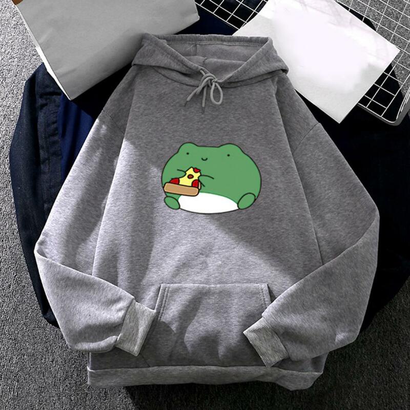 Women's Sweatshirts Hooded Girl Hoodie Cute Cartoon Frogs Pizza Print Loose Front Pocket Winter Hoodie for Daily Wear