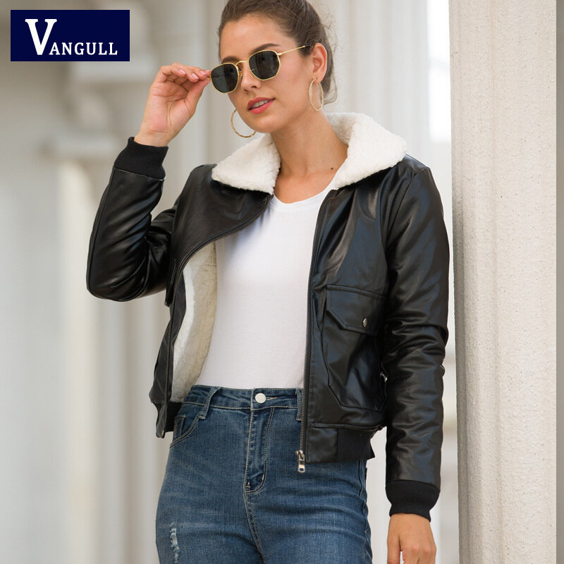 Vangull Warm Fur Leather Turn-Down Collar Zipper Streetwear Women Pu Leather Wool Coat Winter Casual Black Moto Biker Jacket