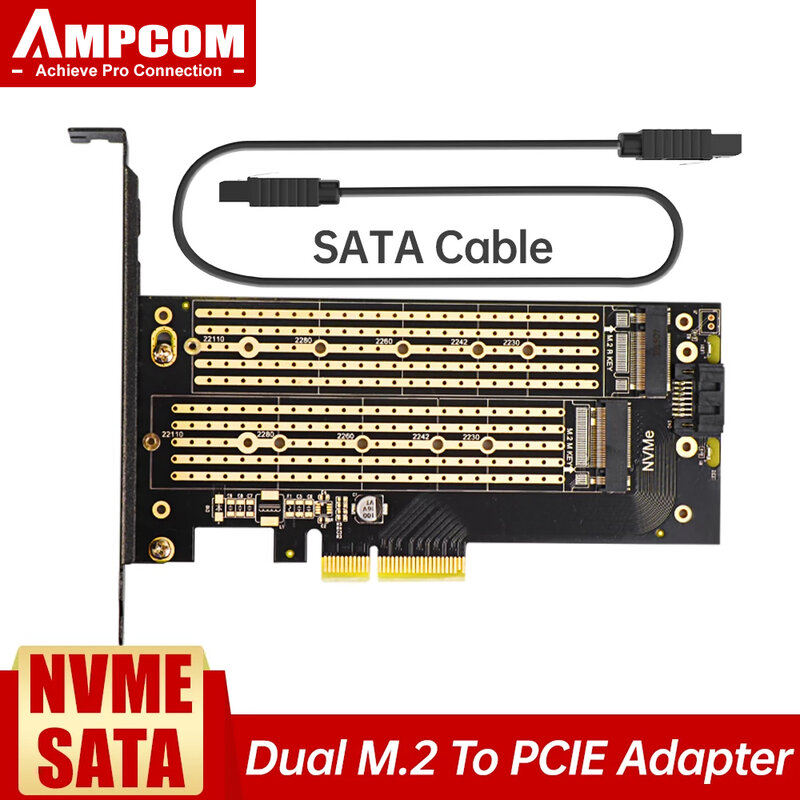 أمبكوم المزدوج M.2 بكيي 4.0 محول ل NVMe / SATA SSD ، NVME (m مفتاح) و SATA (b مفتاح) SSD إلى PCIE x4 فتحة مع كامل/منخفض الشخصي
